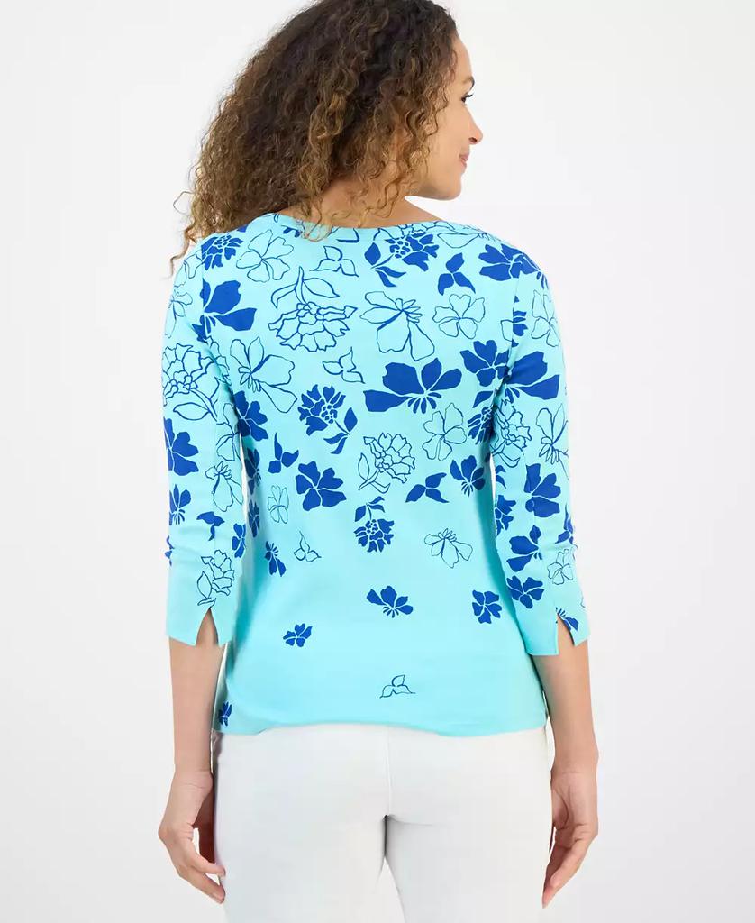 Style & Co Petite Floral Spark Printed Pima Cotton 3/4-Sleeve Top, Exclusively at Macy's