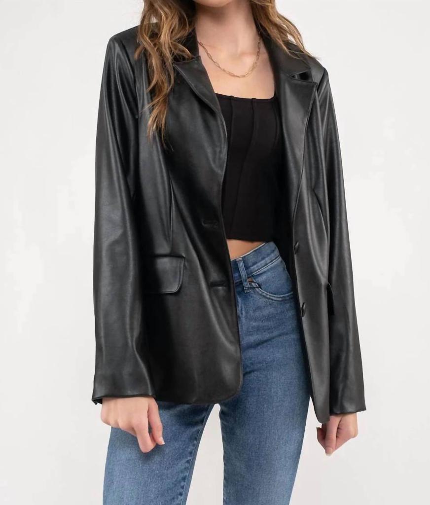 Blu Pepper Notch Collar Faux Leather Blazer In Black