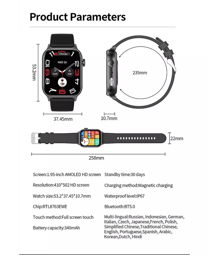 RUXING Smart 1.95" AMOLED Smart Watch for Women Men With Bluetooth Calling, Health Monitoring,Sport Modes, Intelligent Reminder IP67 -Silver