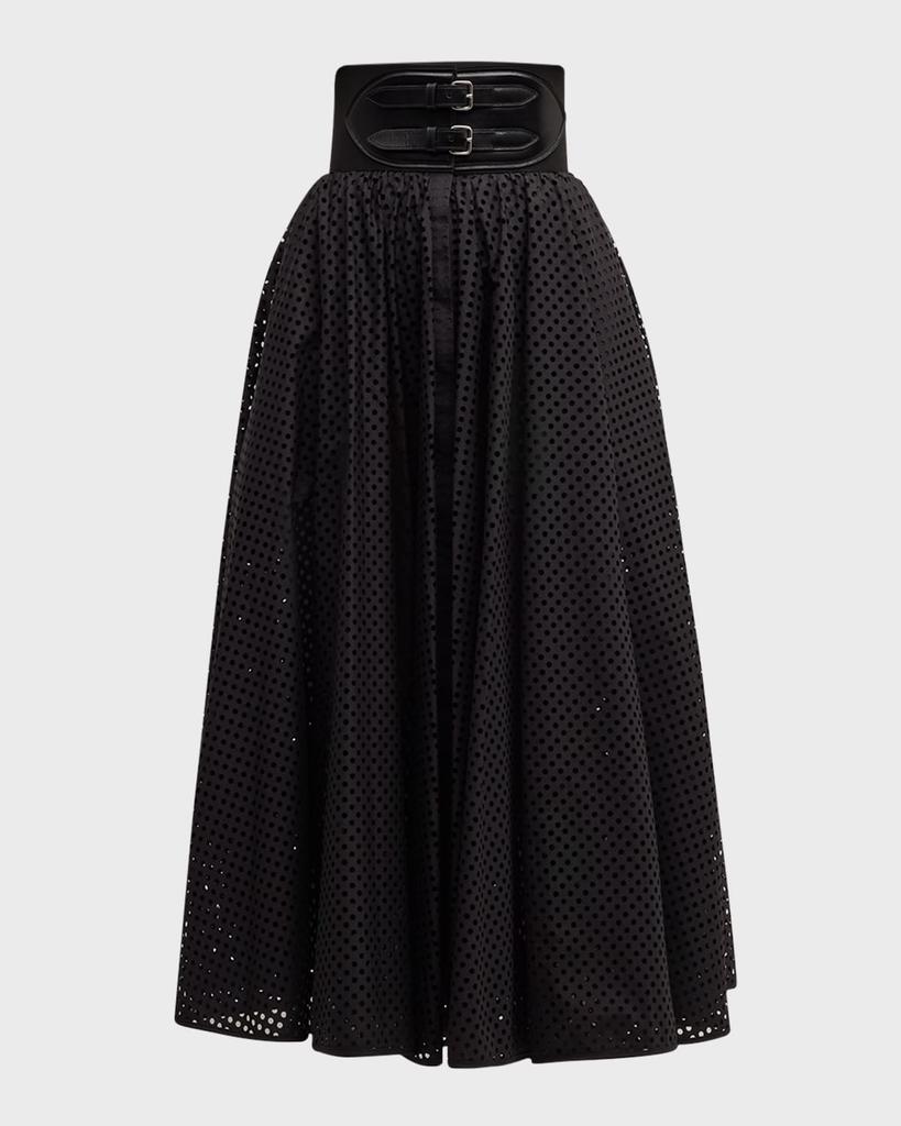 ALAIA Polka-Dot Double-Buckle Belt Midi Skirt