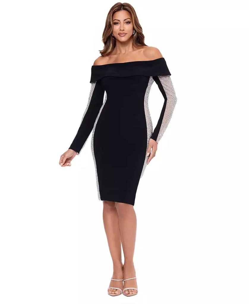 XSCAPE Women's Rhinestone-Mesh-Side Off-The-Shoulder Dress 1