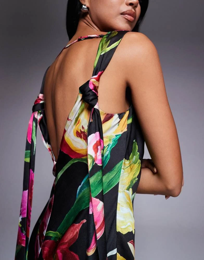 Shop ASOS DESIGN satin drape neckline midi dress with long tie back detail  and split in black based floral print on Sale at BeyondStyle  Get 75% Off  ASOS DESIGN satin drape