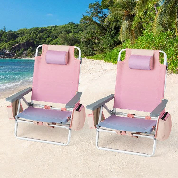 Hivvago 2 Pieces Folding Backpack Beach Chair with Pillow-Pink 2