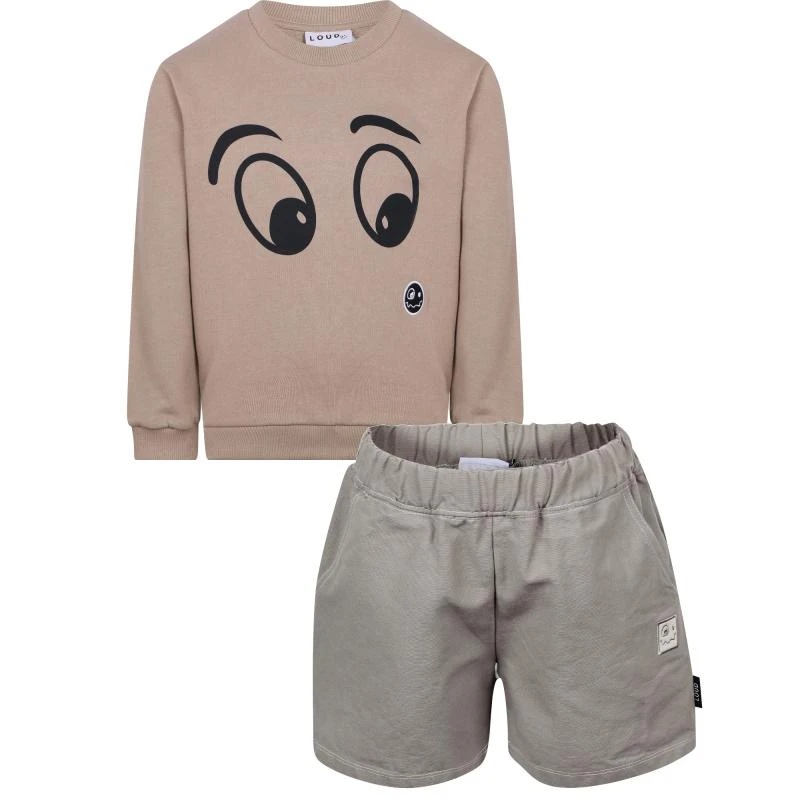 Loud Apparel Eyes print organic logo sweatshirt and logo cotton shorts in light brown and grey 1