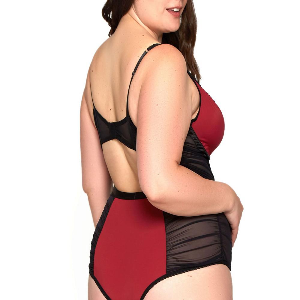 iCollection Women's Plus Size Mesh Rushed Bodysuit Lingerie with Applique and Contrast Panels