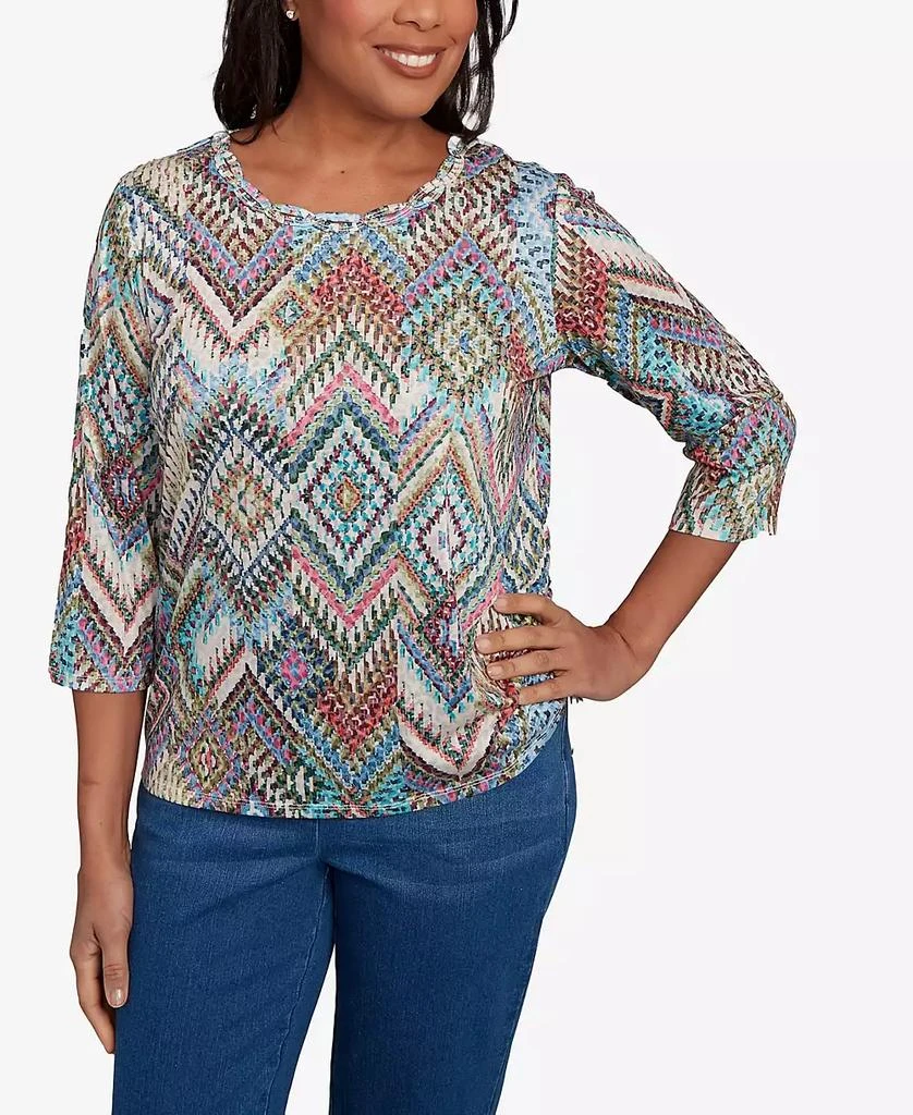 Alfred Dunner Petite El Paso Ikat Diamond Detailed Crew Neck Top 1
