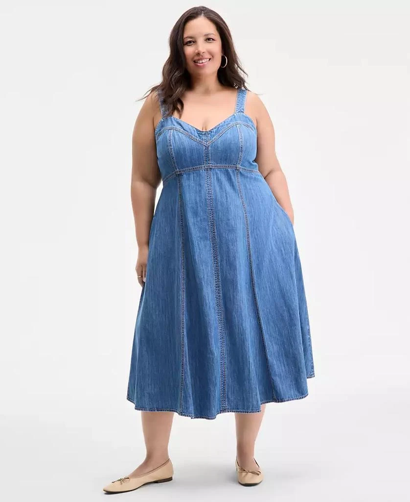 Trendy Plus Size Denim Sweetheart-Neck Midi Dress, Exclusively at