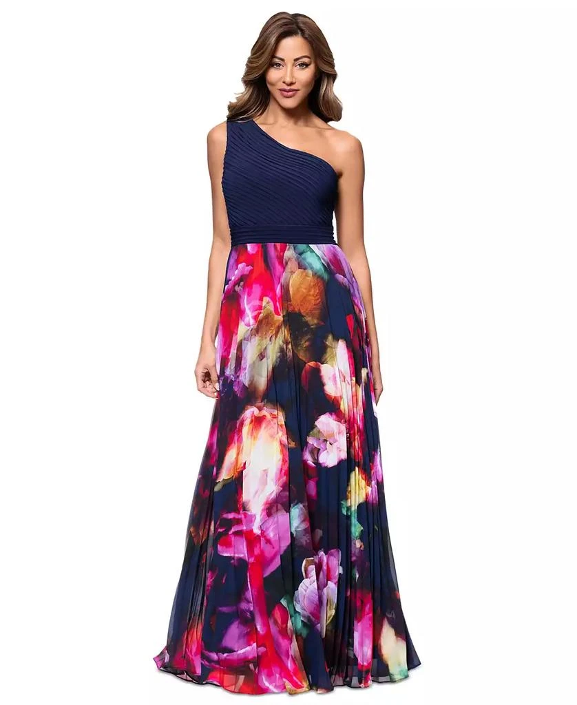 XSCAPE Petite Printed One-Shoulder Gown 1