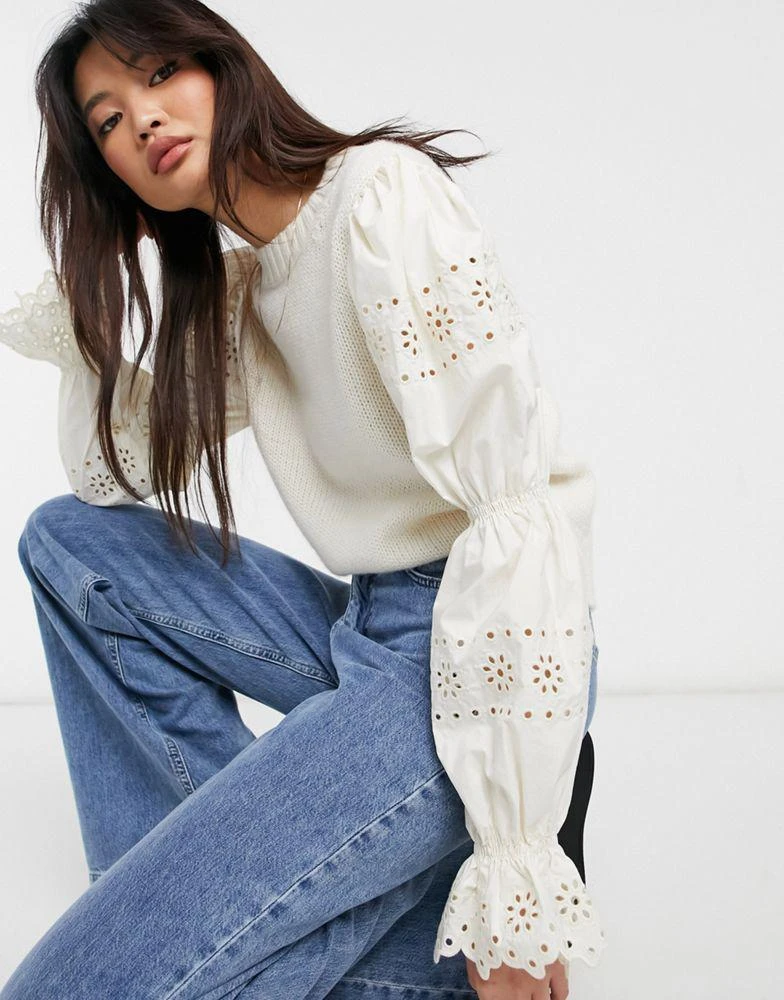 & Other Stories & Other Stories wool jumper with broderie sleeves in off white - WHITE 1