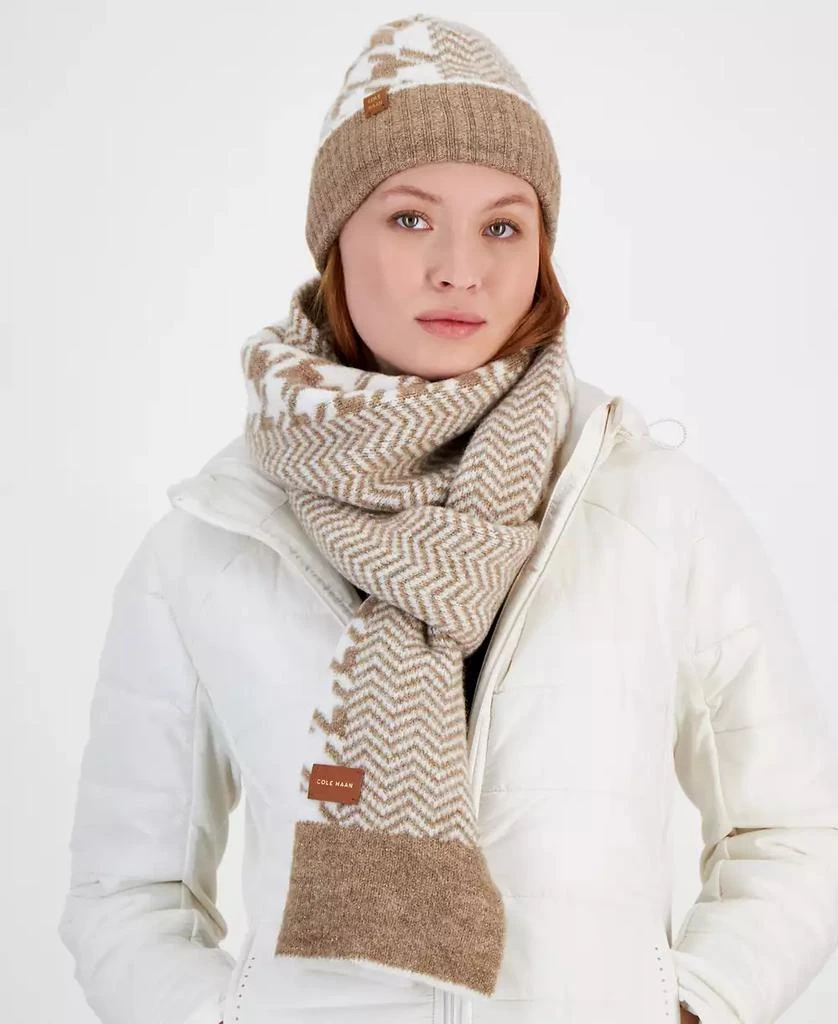 Cole Haan Oversized Mixed Houndstooth Oxford Tan Scarf 3