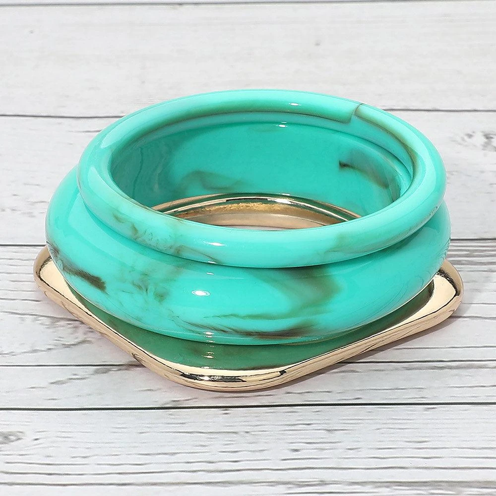 FASHNZFAB 3PCS - Bold Modern Mixed Shape Resin Flat Square Metal Bangle Multi Layered Bracelets