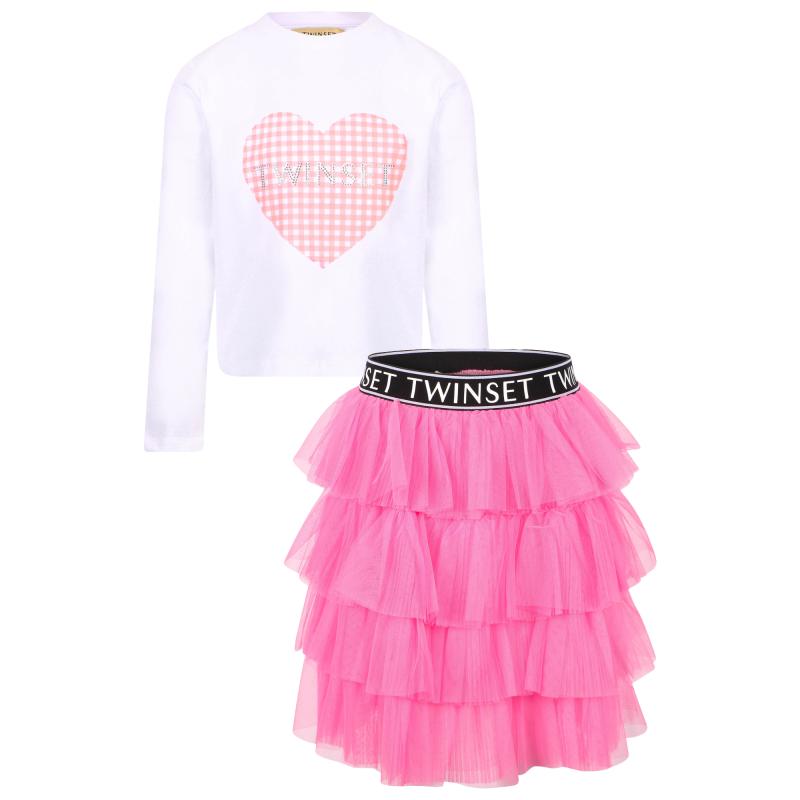 TWINSET Checkered heart logo long sleeved t shirt and branded elastic waist tiered tulle skirt set in white and pink