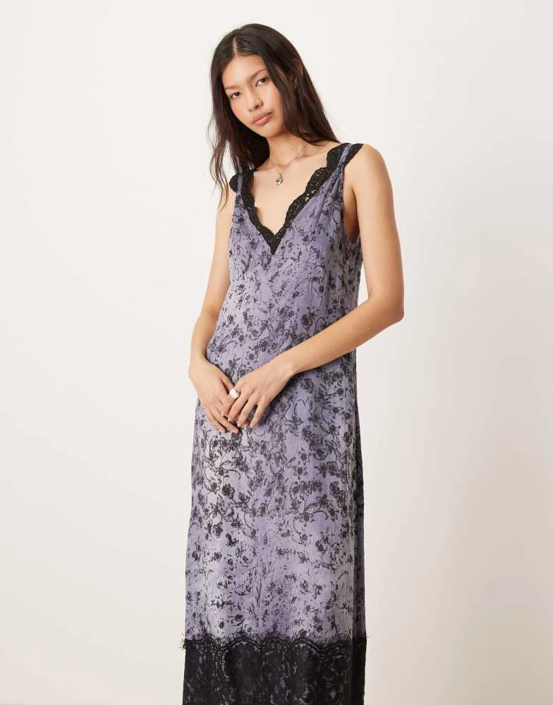 ASOS ASOS DESIGN lace detail v neck crinkle satin maxi dress in black floral 2