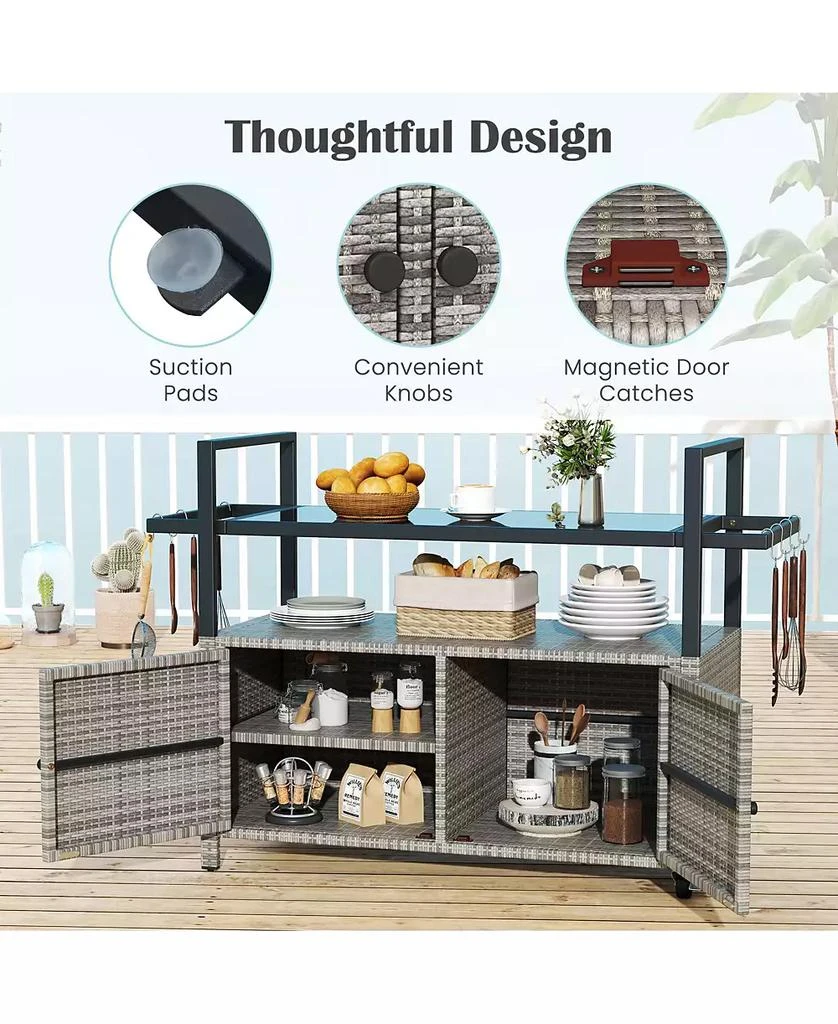 SUGIFT Outdoor Bar Cart Wicker Buffet Serving Cart with Cabinet and 8 Hooks 5