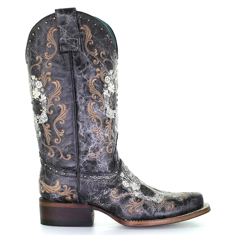 Corral Boots Floral Embroidered Studded Snip Toe Cowboy Boots