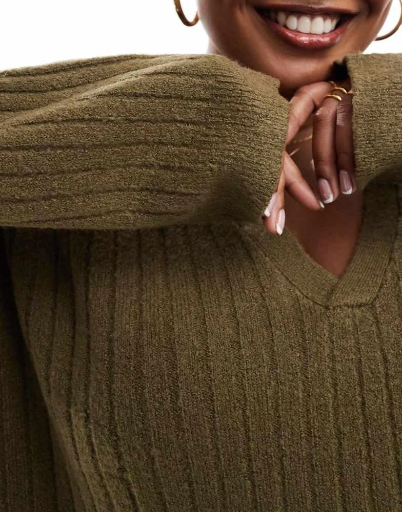 Brave Soul Brave Soul Plus v-neck polo jumper in khaki 3