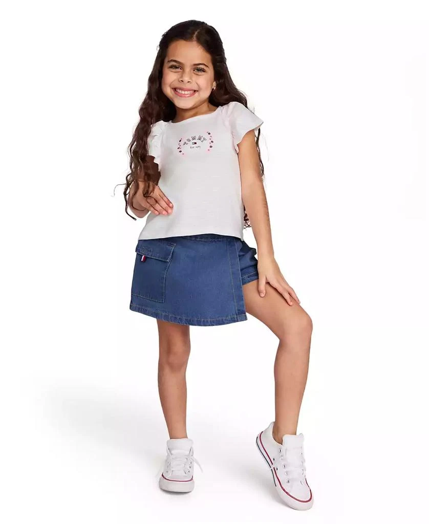 Tommy Hilfiger Toddler and Little Girls 2-Piece Printed Flutter Sleeve Top and Denim Pleated Skirt 6