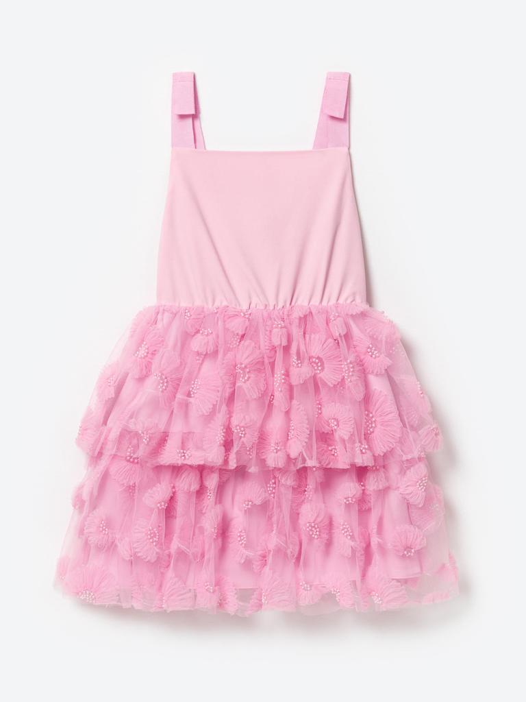 Self Portrait Girls Jersey and Tulle Dress in Pink