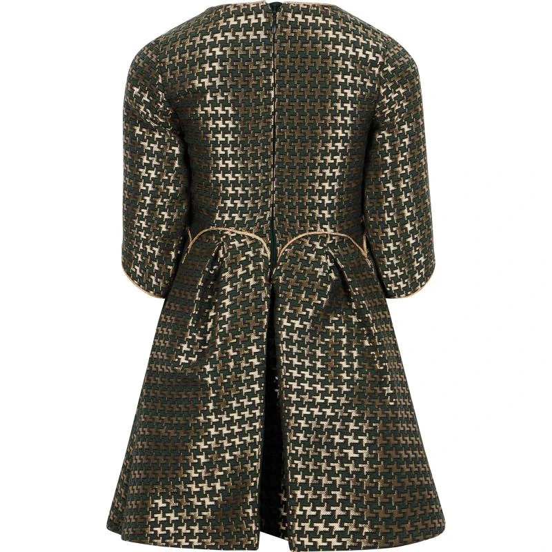 Abel & Lula Houndstooth pattern dress in green and golden 2