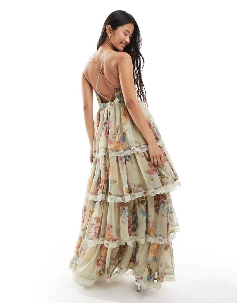 Miss Selfridge Miss Selfridge race day chiffon tiered maxi dress in green floral print 2