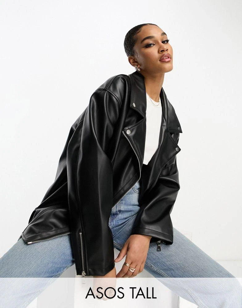 ASOS ASOS DESIGN Tall longline oversized faux leather biker jacket in black 1