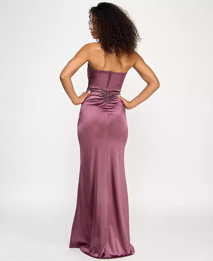 Emerald Sundae Juniors' Iris Sateen Corset-Bodice Slit Gown