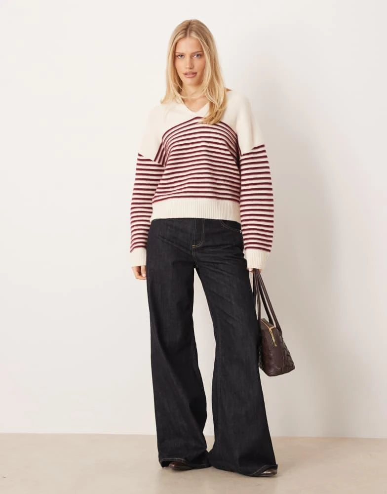 Mango Mango v neck knitted polo top in burgundy stripe 2