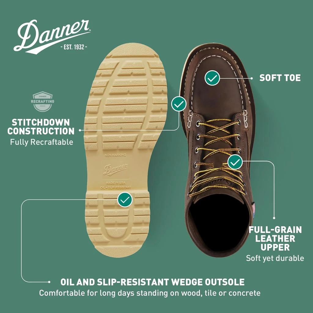 Danner Danner 6” Bull Run Moc Toe Work Boots for Men - Oiled Full-Grain Leather Upper with Non Slip Wedge Outsole and 3-Density Cushion Footbed, EH Resistant 4