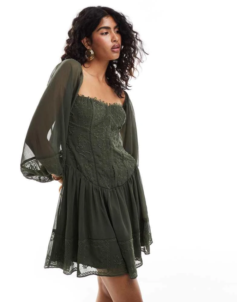ASOS ASOS DESIGN lace insert embroidered drop waist mini dress in forest green 2