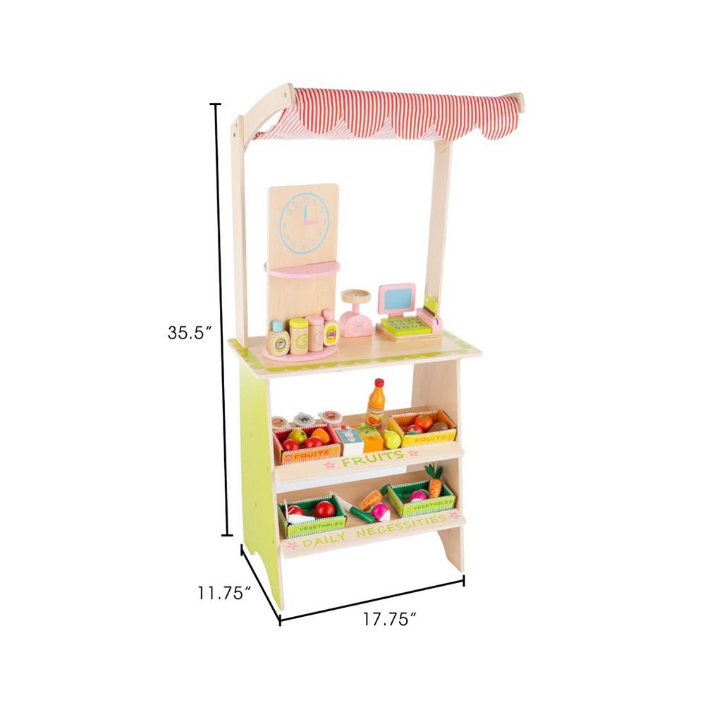Trademark Global Hey Play Kids Fresh Market Selling Stand - Wooden Grocery Store Playset With Toy Cash Register, Scale, Pretend Credit Card And Food Accessories