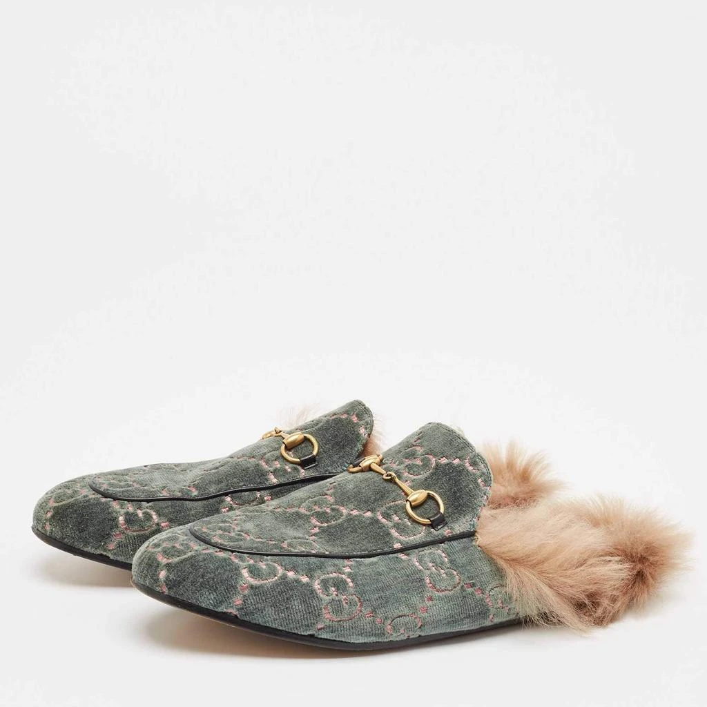 Gucci Gucci Green/Beige Fur and Velvet Princetown Mules Size 42 2