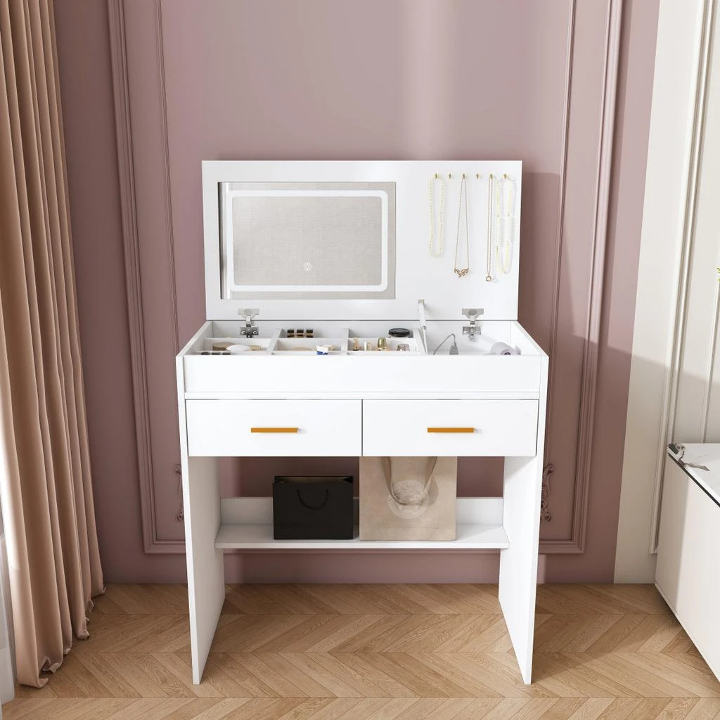 Streamdale Furniture Streamdale Flip Top Vanity Desk with LED Mirror 
Outlet - White