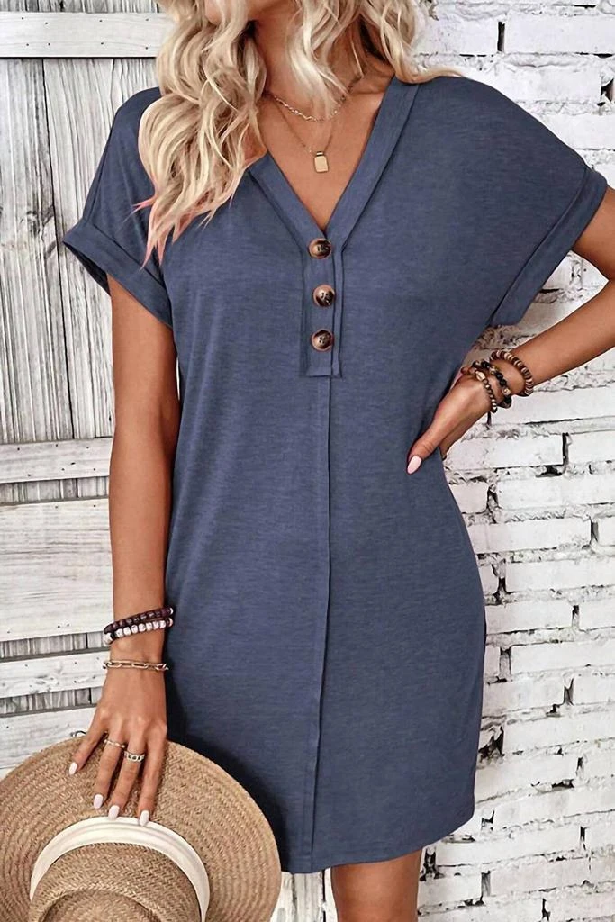 UNISHE Unishe - Women
s Plain V Neck Buttoned T-shirt Dress 3