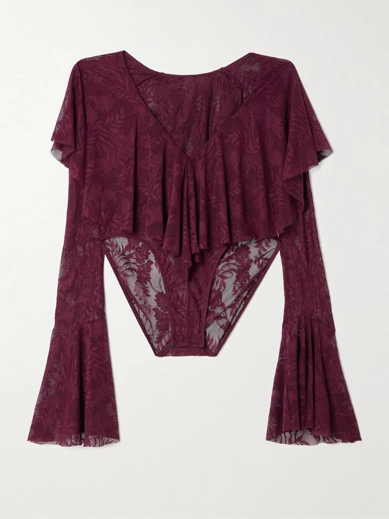Norma Kamali Ruffled Stretch-lace Bodysuit - Plum