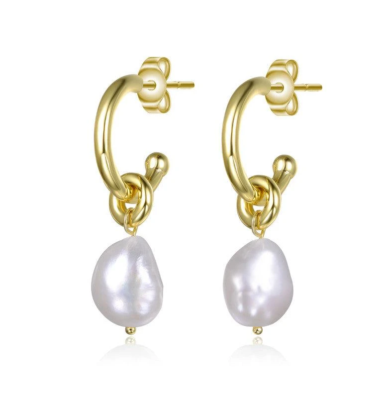 Rachel Glauber 14K Gold Plated with Irregular Pearl Huggie Drop Earrings