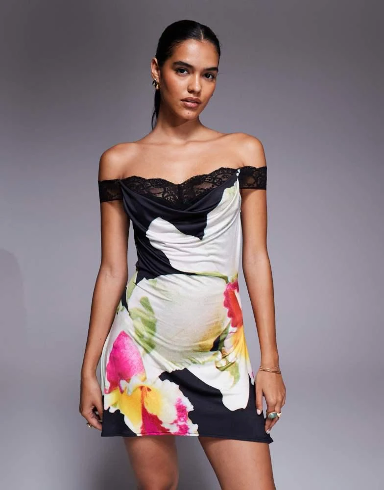 I.AM.GIA Theodora super soft slinky bardot lace cowl neck mini dress in Black orchid floral-Multi