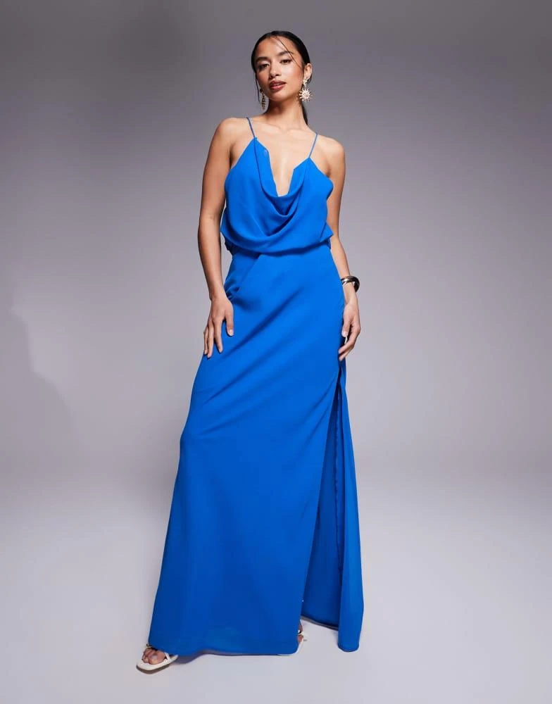 ASOS Design Petite cowl front racer back strappy maxi dress in blue ASOS Design Petite cowl front racer back strappy maxi dress in blue