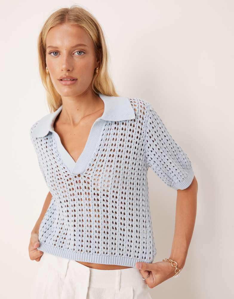 Brave Soul Brave Soul Pointelle knit collared t-shirt in blue