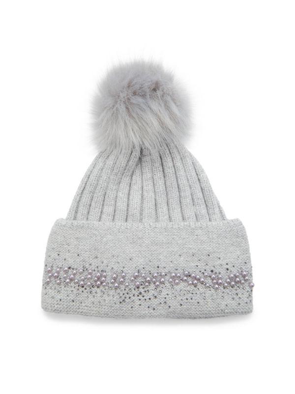 Adrienne Landau Embellished Faux Fur Pom Pom Beanie