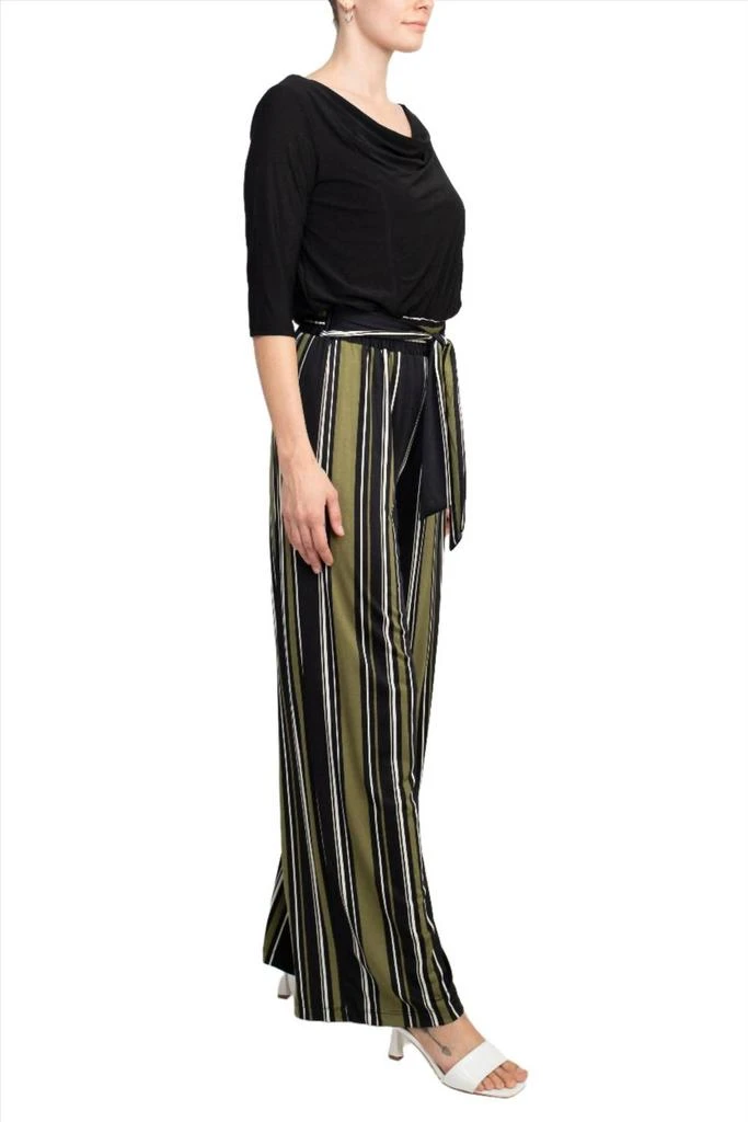 Emma 
Michele Cowl Neck 3/4 Sleeve Tie Front Elastic Waist Jersey Jumpsuit In Black/green 2