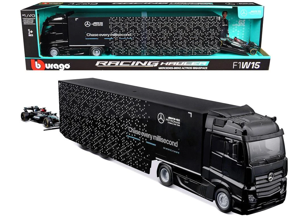 Bburago Mercedes-Benz Actros Gigaspace Car Transporter Black with Mercedes-AMG F1 W15 #63 Russell 2024 1/43 Diecast by