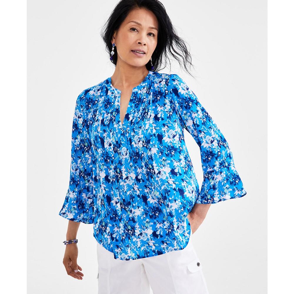 Style & Co Petite Printed 3/4-Sleeve Pintuck Top, Created for Macy's