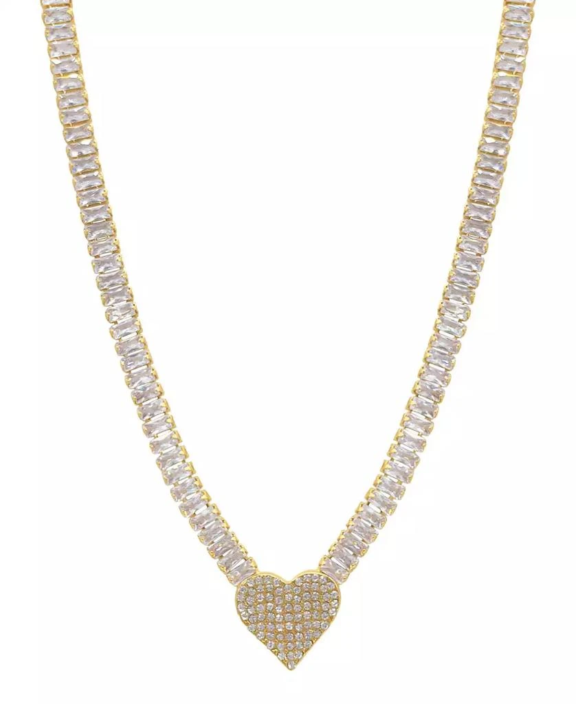 ADORNIA 17.5" Baguette Tennis Necklace 14K Gold Plated with Pave Heart Pendant 1