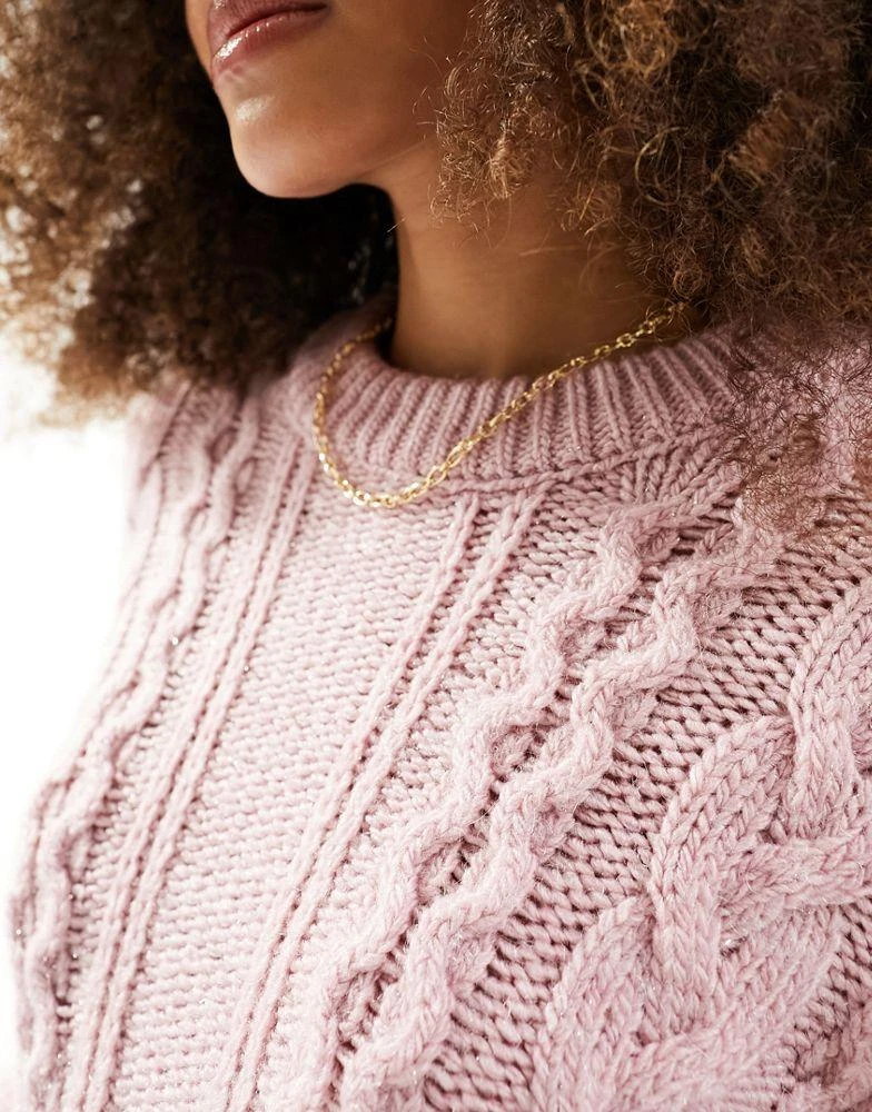 ASOS ASOS DESIGN crew neck cable jumper in pink 2