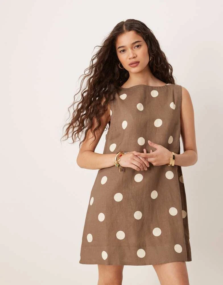 Vrg Grl VRG GRL aftersun polka dot linen mini shift dress in brown 1