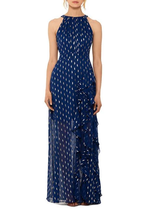 Betsy & Adam Adam Womens Halter Neck Chiffon Foil Ruffle Tie Neck Gown 1