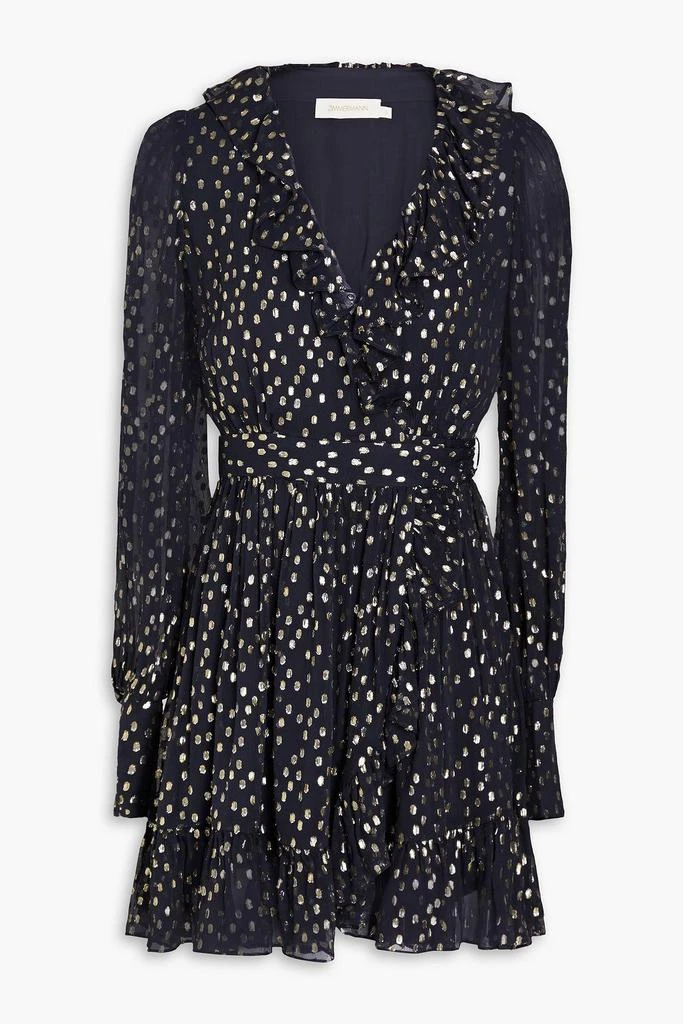 Zimmermann Ruffled metallic fil coupé silk-blend crepon mini wrap dress 1