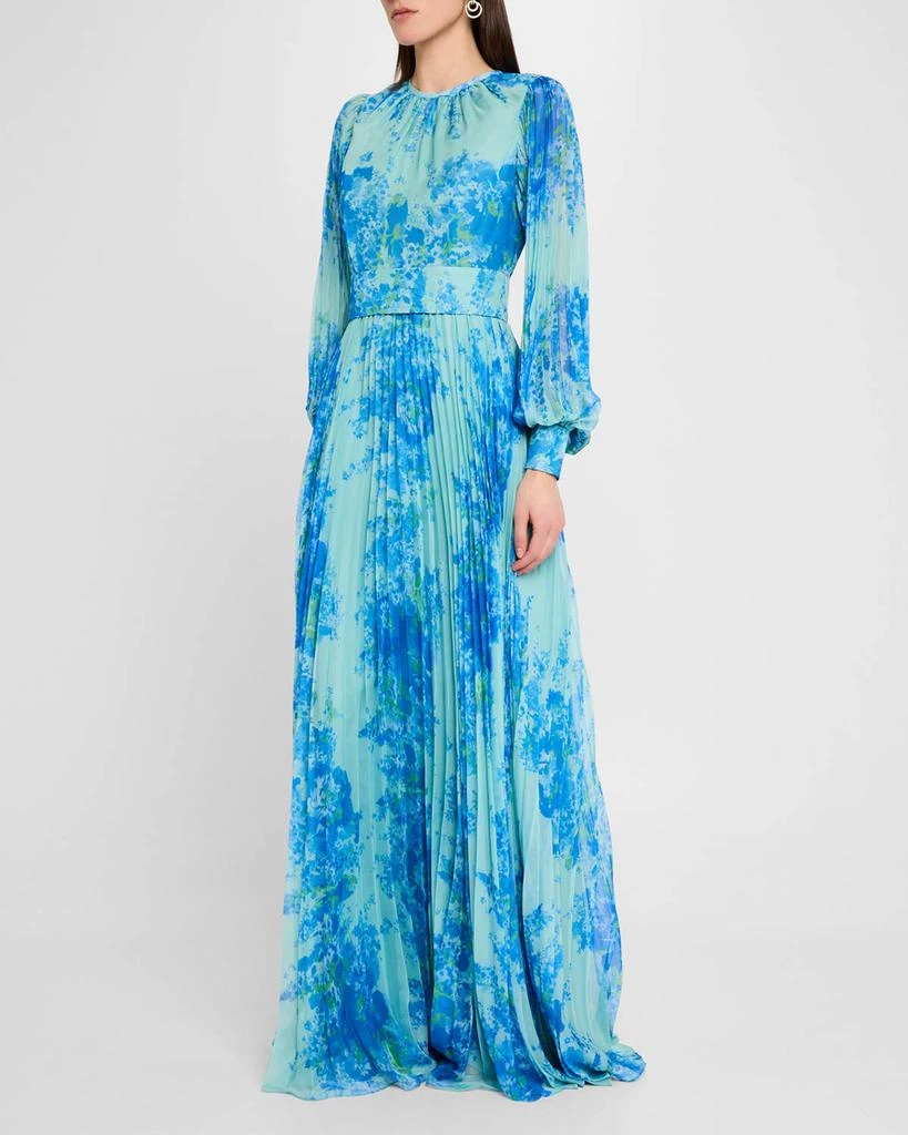 Teri Jon Pleated Floral-Print Blouson-Sleeve Gown 4