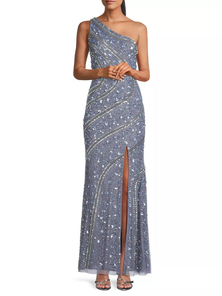 Aidan Mattox Beaded Sequin One-Shoulder Gown 2