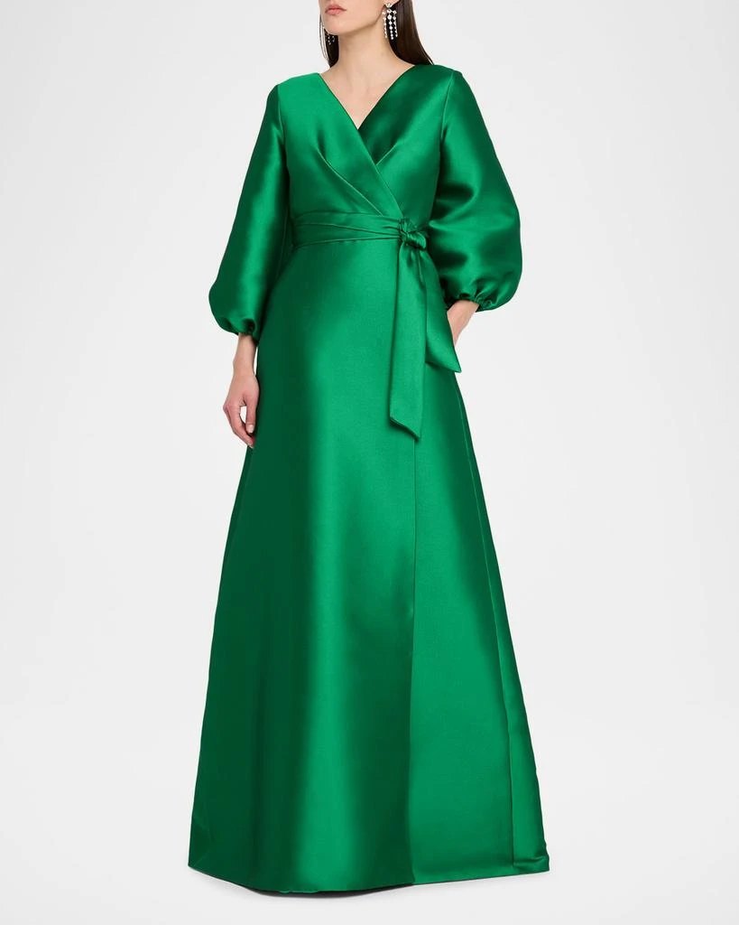 REEM ACRA Bishop-Sleeve Mikado Pique Wrap Gown 2